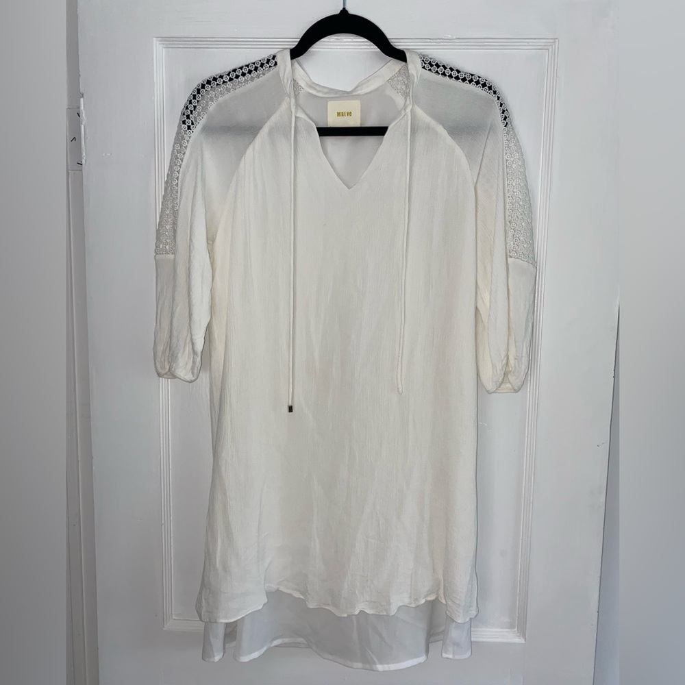 MAEVE Anthropologie White Sheer Tunic Top with Crochet Details Women’s Sz XS